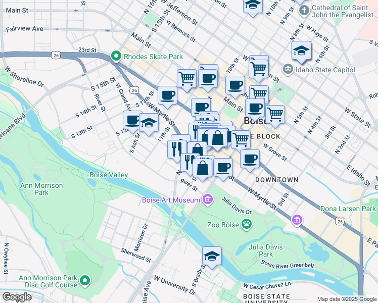 map of restaurants, bars, coffee shops, grocery stores, and more near 850 West Fulton Street in Boise