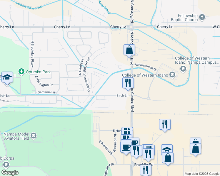 map of restaurants, bars, coffee shops, grocery stores, and more near 6160 Birch Lane in Nampa