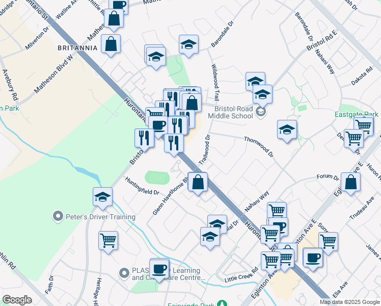map of restaurants, bars, coffee shops, grocery stores, and more near 25 Trailwood Drive in Mississauga