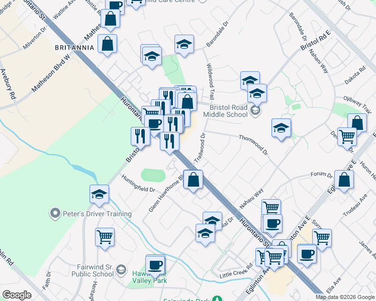 map of restaurants, bars, coffee shops, grocery stores, and more near 25 Trailwood Drive in Mississauga