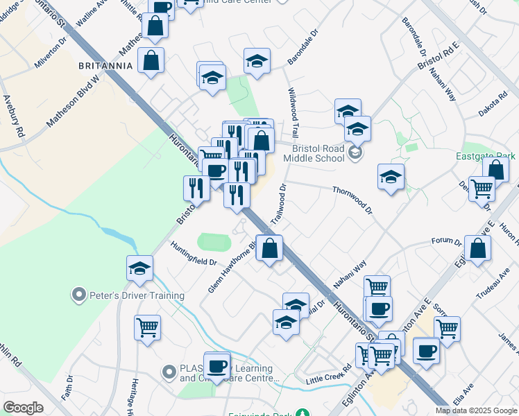 map of restaurants, bars, coffee shops, grocery stores, and more near 25 Trailwood Drive in Mississauga