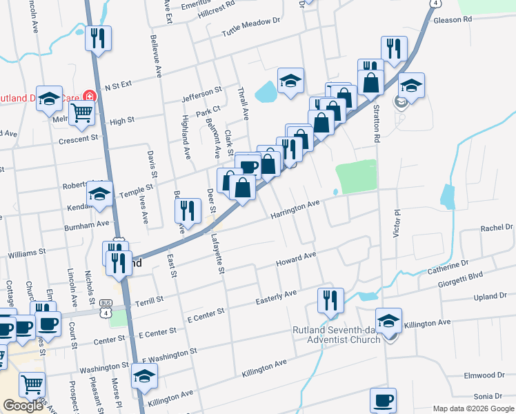 map of restaurants, bars, coffee shops, grocery stores, and more near 93 Harrington Avenue in Rutland