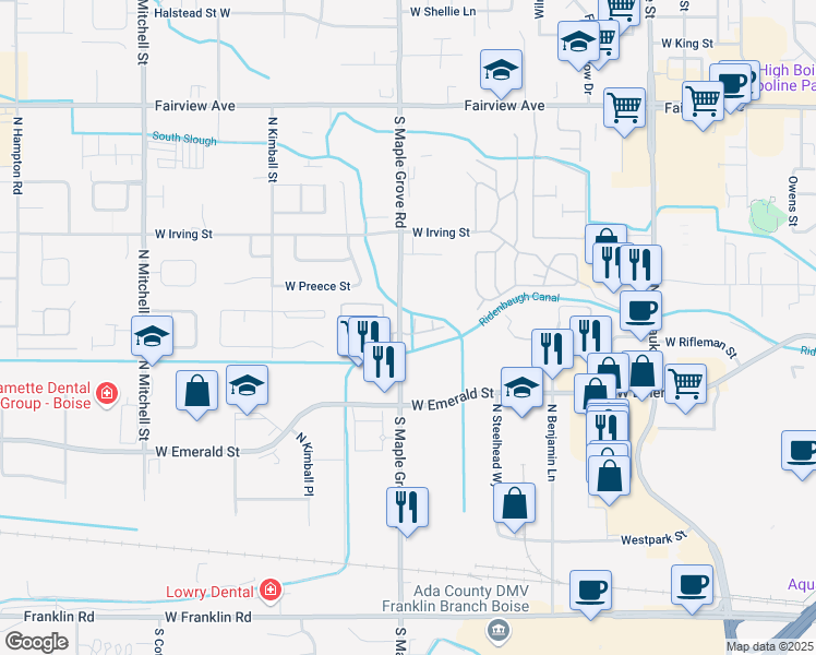 map of restaurants, bars, coffee shops, grocery stores, and more near 904 North Maple Grove Road in Boise