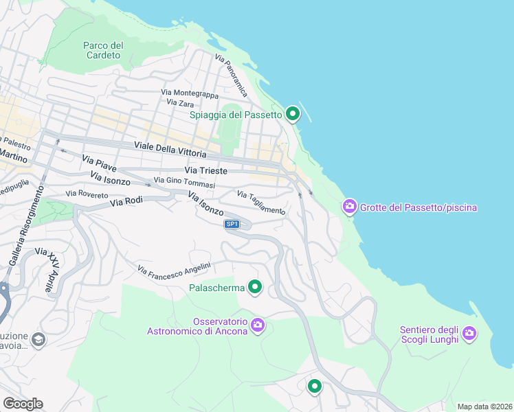 map of restaurants, bars, coffee shops, grocery stores, and more near 30 Via Tagliamento in Ancona