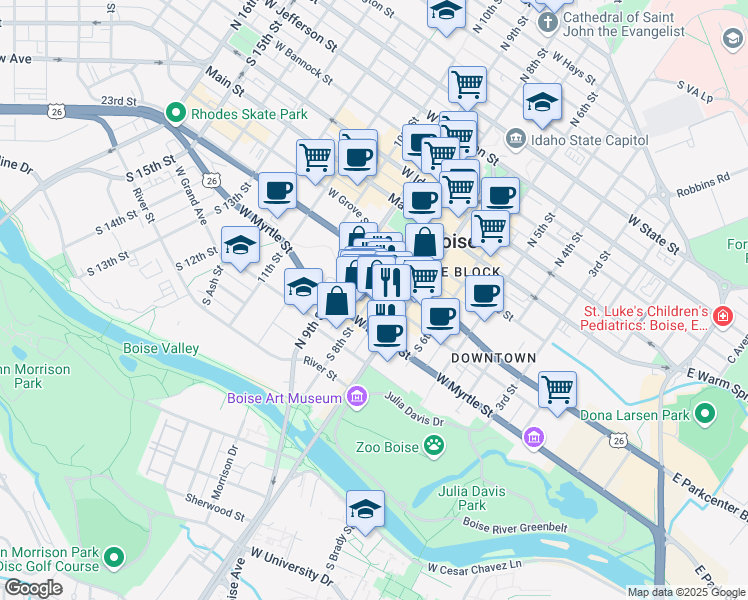 map of restaurants, bars, coffee shops, grocery stores, and more near 445 South Capitol Boulevard in Boise