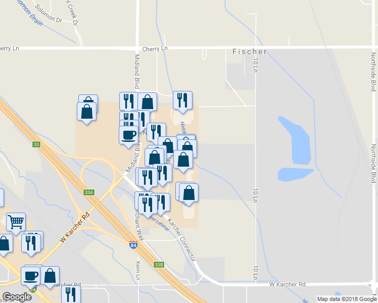 map of restaurants, bars, coffee shops, grocery stores, and more near 16566 North Market Place Boulvard in Nampa