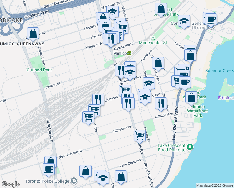 map of restaurants, bars, coffee shops, grocery stores, and more near 10 Drummond Street in Toronto