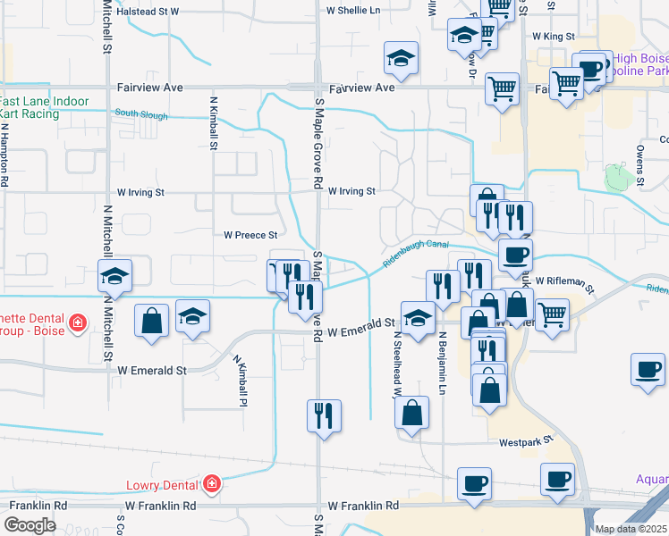 map of restaurants, bars, coffee shops, grocery stores, and more near 880 North Maple Grove Road in Boise