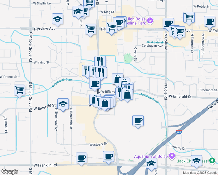 map of restaurants, bars, coffee shops, grocery stores, and more near 8151 West Rifleman Street in Boise