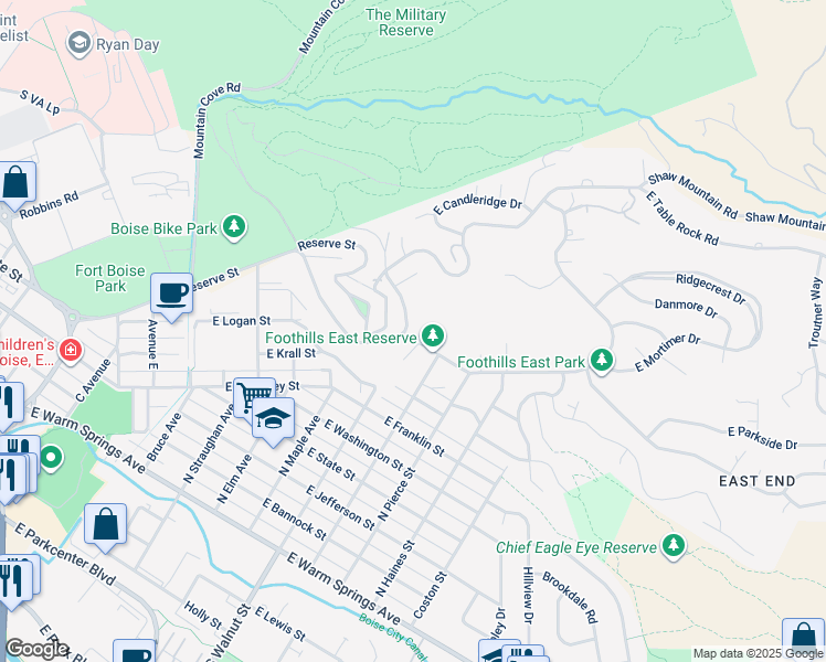 map of restaurants, bars, coffee shops, grocery stores, and more near 1205 Shenandoah Court in Boise