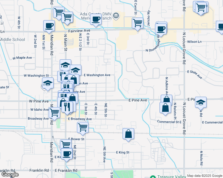 map of restaurants, bars, coffee shops, grocery stores, and more near 520 East Pine Avenue in Meridian