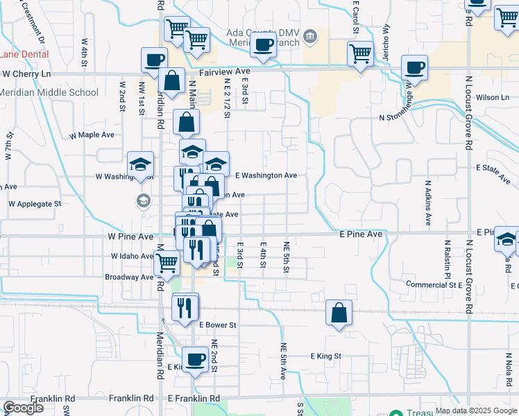 map of restaurants, bars, coffee shops, grocery stores, and more near 323 East State Avenue in Meridian