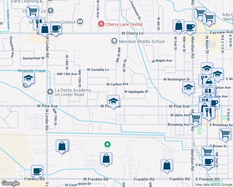 map of restaurants, bars, coffee shops, grocery stores, and more near 929 West 8th Street in Meridian