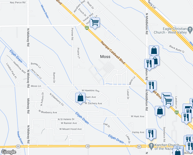map of restaurants, bars, coffee shops, grocery stores, and more near 11438 Moss Lane in Nampa