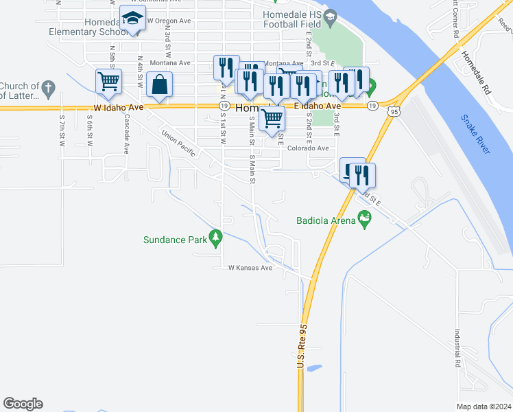 map of restaurants, bars, coffee shops, grocery stores, and more near 419-455 South Main Street in Homedale