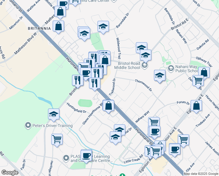 map of restaurants, bars, coffee shops, grocery stores, and more near in Mississauga