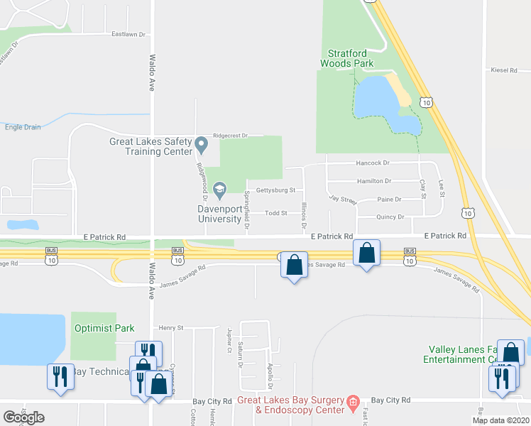 map of restaurants, bars, coffee shops, grocery stores, and more near 1025 East Wheeler Street in Midland Township
