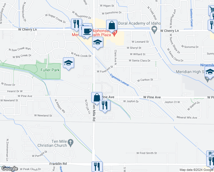 map of restaurants, bars, coffee shops, grocery stores, and more near 3025 West Acarrera Lane in Meridian