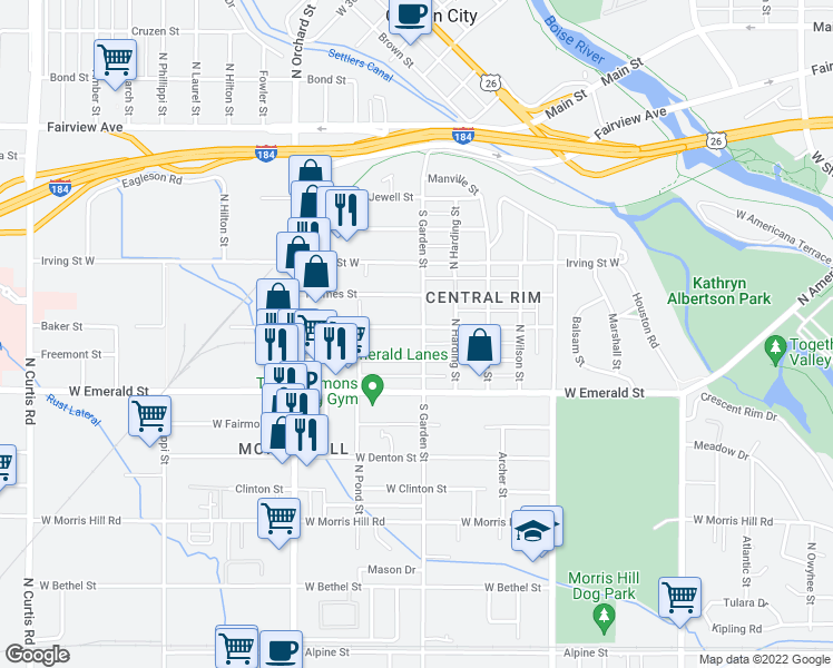 map of restaurants, bars, coffee shops, grocery stores, and more near 4618 Freemont Street in Boise