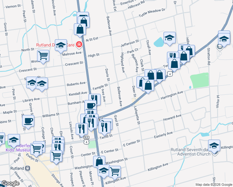 map of restaurants, bars, coffee shops, grocery stores, and more near 45 Bellevue Avenue in Rutland
