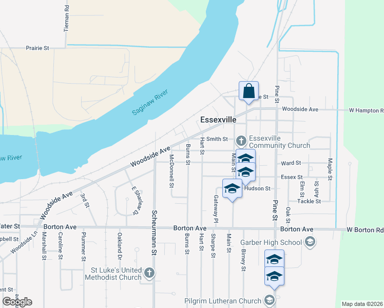 map of restaurants, bars, coffee shops, grocery stores, and more near 1204 Mercer Street in Essexville