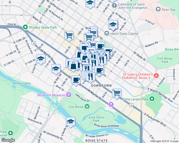 map of restaurants, bars, coffee shops, grocery stores, and more near 502 West Front Street in Boise