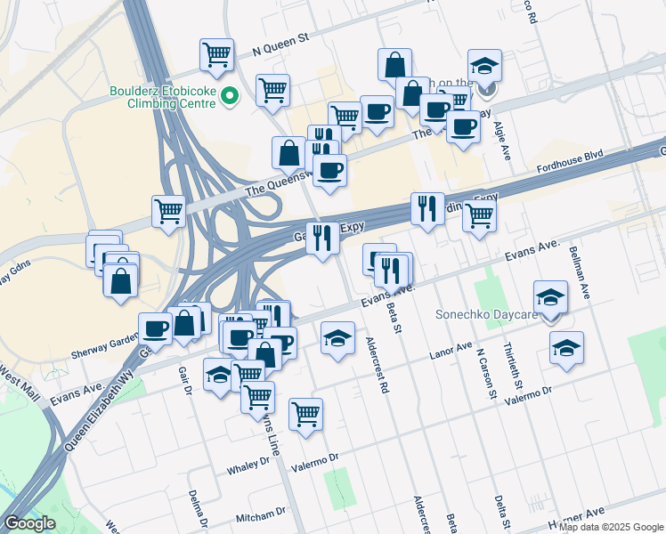 map of restaurants, bars, coffee shops, grocery stores, and more near The East Mall in Toronto