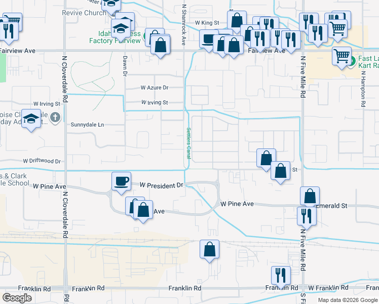 map of restaurants, bars, coffee shops, grocery stores, and more near 515 West Driftwood Road in Boise