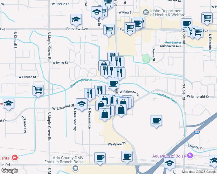 map of restaurants, bars, coffee shops, grocery stores, and more near 925 North Milwaukee Street in Boise