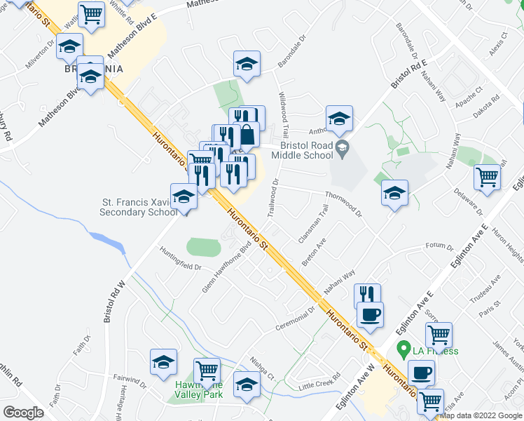 map of restaurants, bars, coffee shops, grocery stores, and more near 1253 Hurontario Street in Mississauga