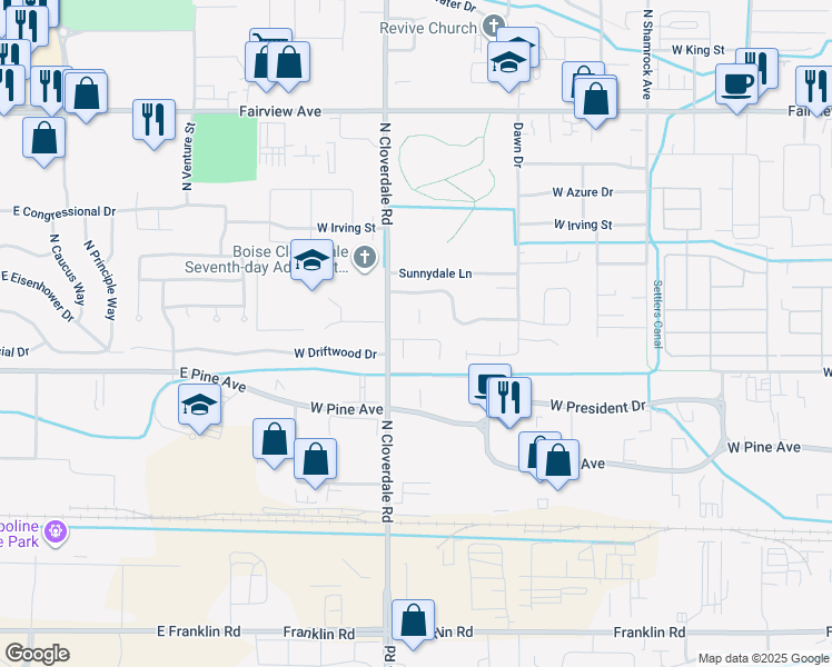 map of restaurants, bars, coffee shops, grocery stores, and more near 12124 West Driftwood Street in Boise