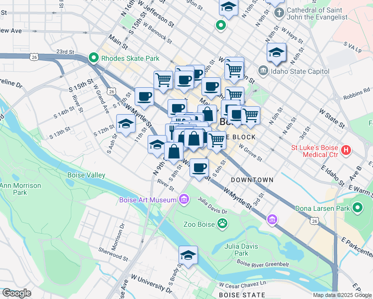 map of restaurants, bars, coffee shops, grocery stores, and more near 398 South 9th Street in Boise