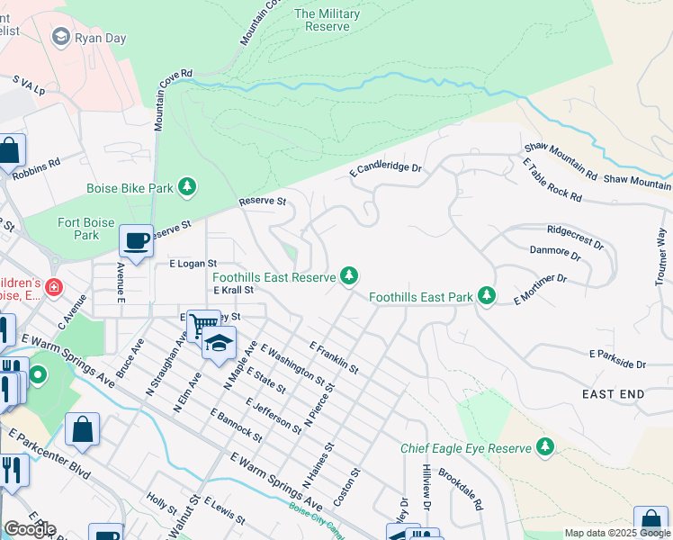 map of restaurants, bars, coffee shops, grocery stores, and more near 1220 Shenandoah Drive in Boise