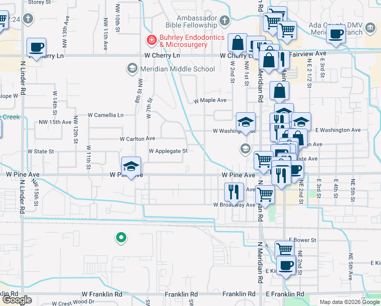 map of restaurants, bars, coffee shops, grocery stores, and more near 505 West Carlton Avenue in Meridian