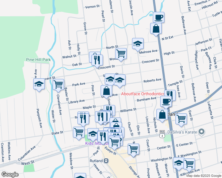 map of restaurants, bars, coffee shops, grocery stores, and more near 67 Library Avenue in Rutland