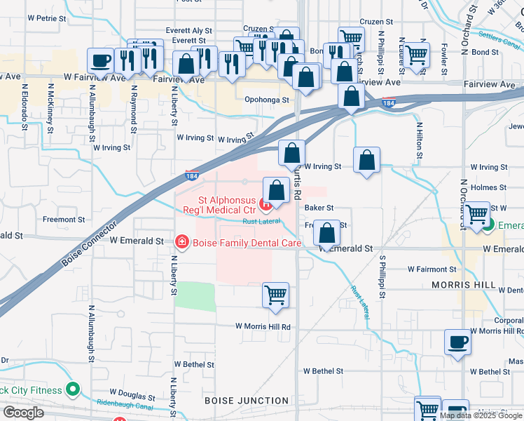 map of restaurants, bars, coffee shops, grocery stores, and more near 1055 North Curtis Road in Boise