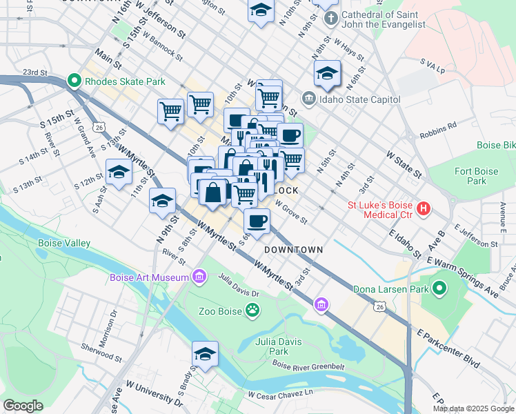 map of restaurants, bars, coffee shops, grocery stores, and more near in Boise