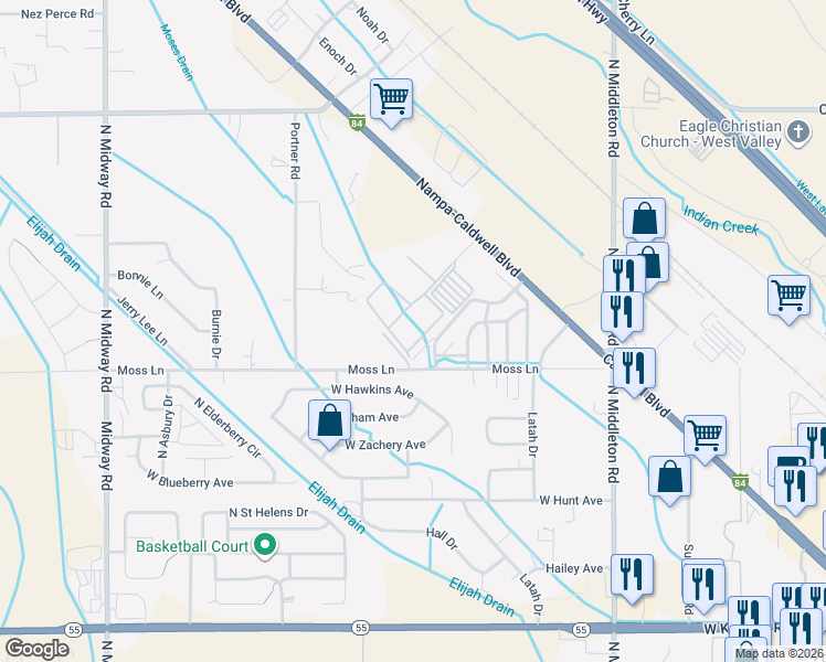 map of restaurants, bars, coffee shops, grocery stores, and more near 16899 North Pamelas Loop in Nampa