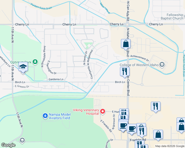 map of restaurants, bars, coffee shops, grocery stores, and more near 16501 North Amtrust Street in Nampa
