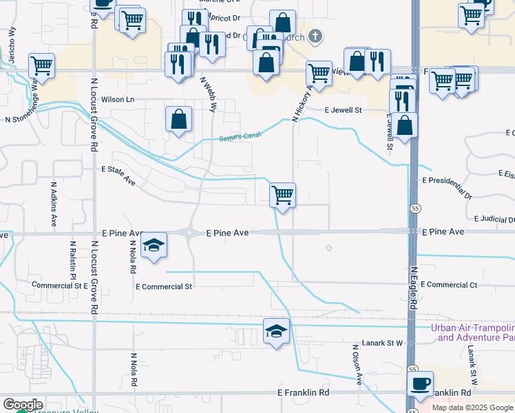 map of restaurants, bars, coffee shops, grocery stores, and more near 2425 East State Avenue in Meridian