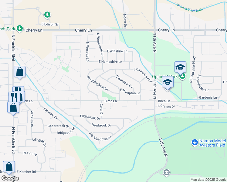 map of restaurants, bars, coffee shops, grocery stores, and more near 7300 East Nottingham Lane in Nampa