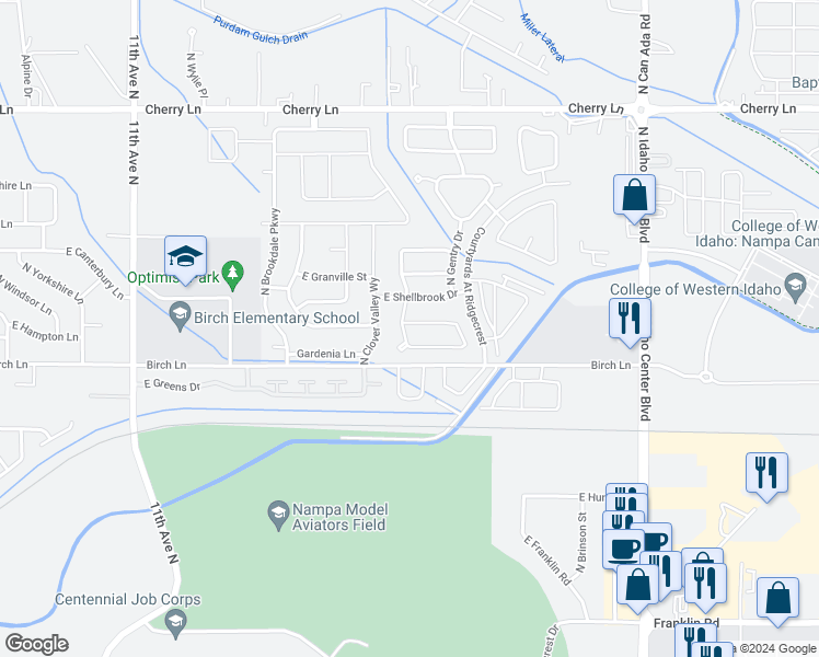 map of restaurants, bars, coffee shops, grocery stores, and more near 6461 East Brimley Drive in Nampa