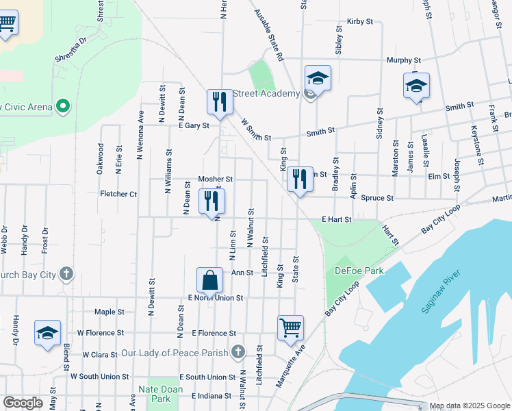 map of restaurants, bars, coffee shops, grocery stores, and more near 1106 North Walnut Street in Bay City