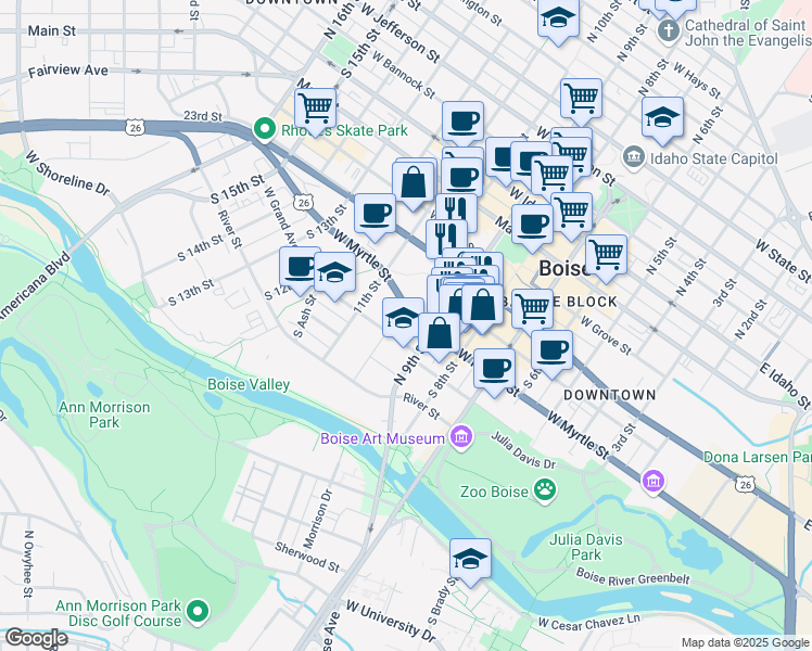 map of restaurants, bars, coffee shops, grocery stores, and more near 419 South 9th Street in Boise