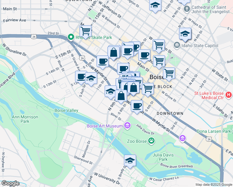 map of restaurants, bars, coffee shops, grocery stores, and more near 1000 West Myrtle Street in Boise