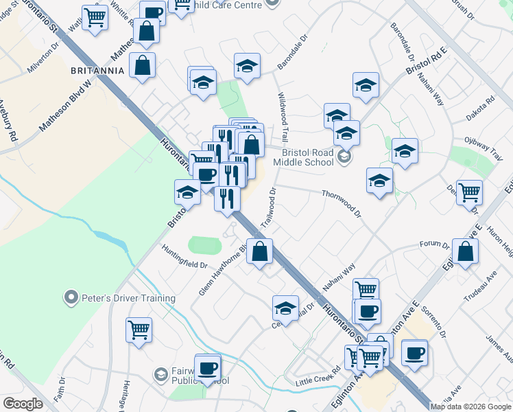 map of restaurants, bars, coffee shops, grocery stores, and more near 35 Trailwood Drive in Mississauga