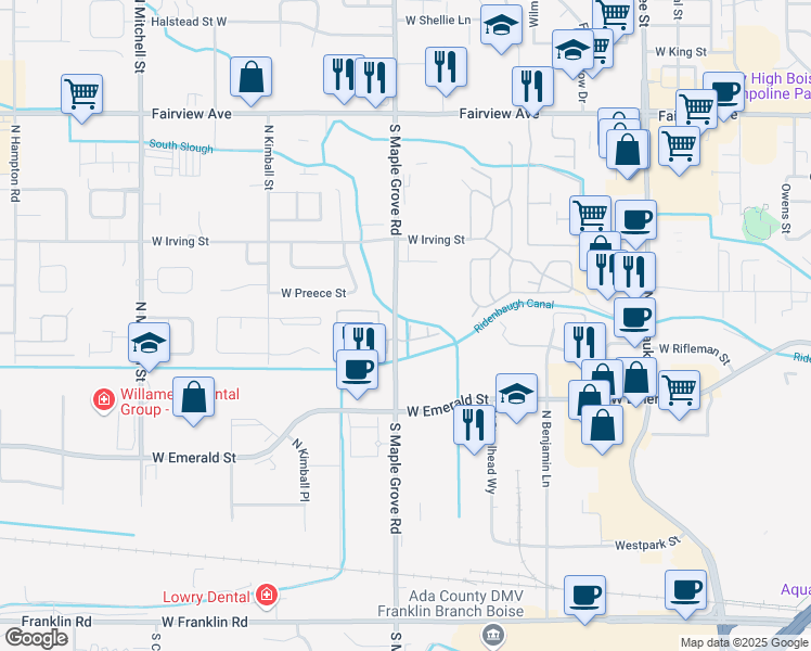 map of restaurants, bars, coffee shops, grocery stores, and more near 896 North Maple Grove Road in Boise