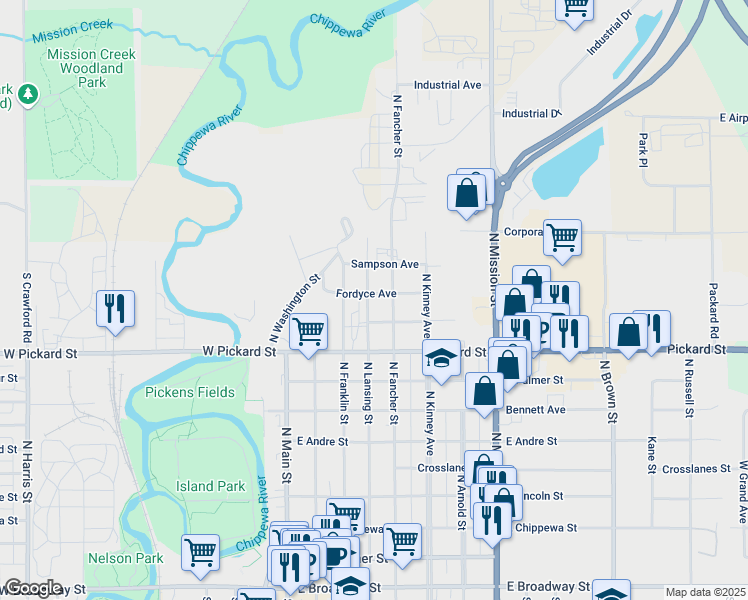 map of restaurants, bars, coffee shops, grocery stores, and more near 1012 North Lansing Street in Mount Pleasant