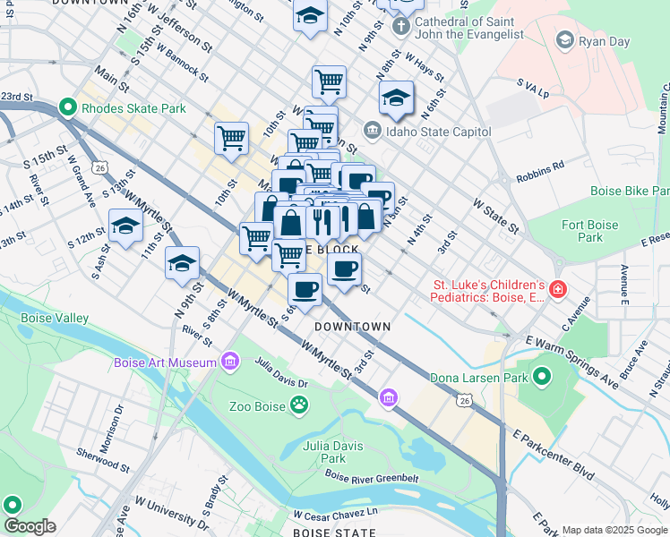 map of restaurants, bars, coffee shops, grocery stores, and more near 117 South 6th Street in Boise