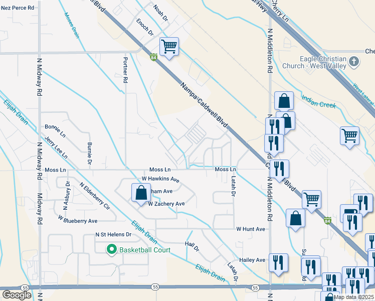 map of restaurants, bars, coffee shops, grocery stores, and more near 11399 West Pamelas Lane in Nampa